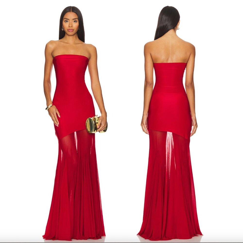 NEW Deme by Gabriella Dahlia Gown Maroon Red Strapless Sheer Formal Maxi Dress